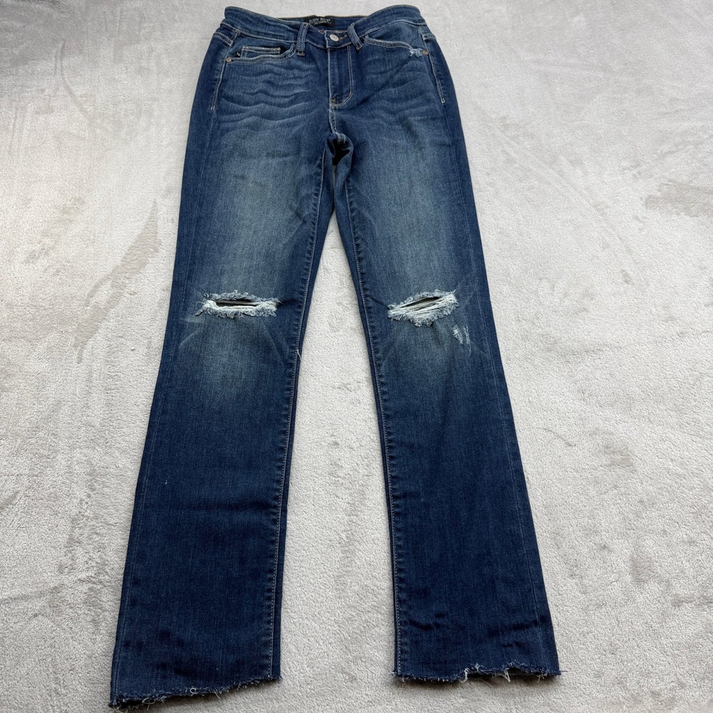 Judy Blue Straight Jeans Womens 3/26 Blue Distressed Raw Hem Edgy Y2K Boho Denim